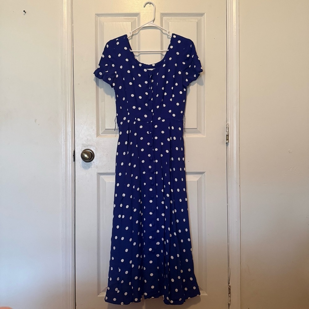 Vintage 1980’s Dress | Royal Blue w/ White Polka Dots | Rockabilly - Picture 2 of 14